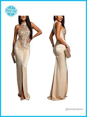Brocade Satin Sequin Halter Neck Bodycon High Slit Maxi Dress